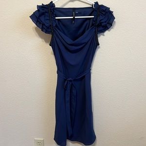 Navy Ark & Co dress made of chiffon like material with ruffled sleeves